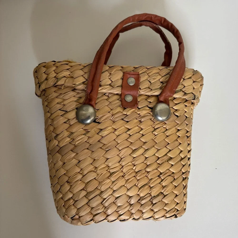 VINTAGE Mexican Tourista Hand Woven Straw Mini Bag Basket turn lock - Picture 2 of 10